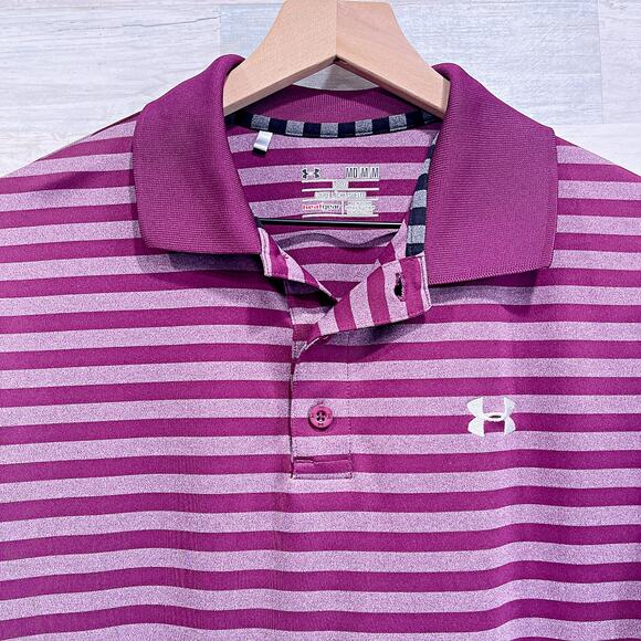 Under Armour Striped Performance Tech Polo Shirt Purple Loose Mens Medium - Picture 2 of 5